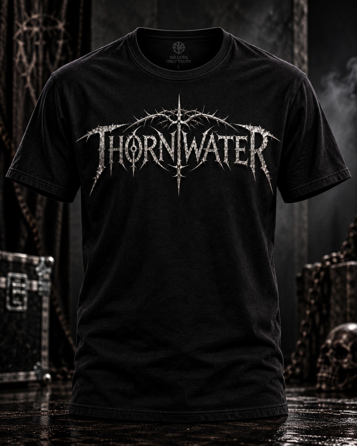 Black THORNWATER T-shirt with full silver wordmark